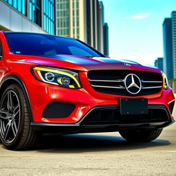 A stunning 2017 Mercedes-Benz GLC 300 painted in a vibrant red color, featuring an eye-catching forged carbon hood