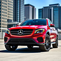 A stunning 2017 Mercedes-Benz GLC 300 painted in a vibrant red color, featuring an eye-catching forged carbon hood