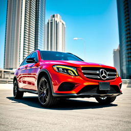 A stunning 2017 Mercedes-Benz GLC 300 painted in a vibrant red color, featuring an eye-catching forged carbon hood