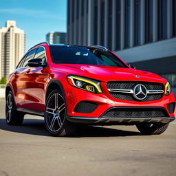 A stunning 2017 Mercedes-Benz GLC 300 painted in a vibrant red color, featuring an eye-catching forged carbon hood