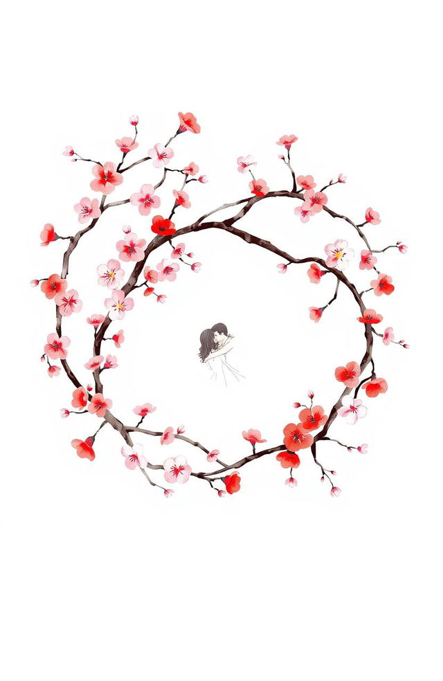 A delicate hand-drawn design featuring intertwined cherry blossom branches, symbolizing the forbidden love between two lovers, Joon-Hyuk and Siya