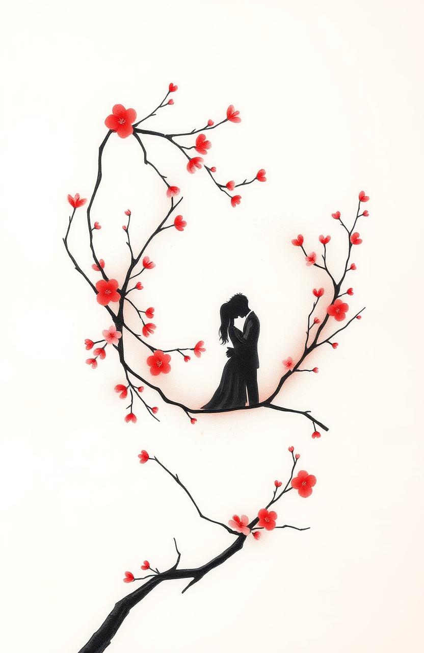 A delicate hand-drawn design featuring intertwined cherry blossom branches, symbolizing the forbidden love between two lovers, Joon-Hyuk and Siya