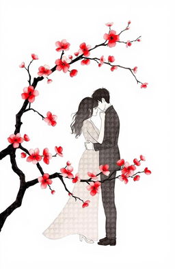 A delicate hand-drawn design featuring intertwined cherry blossom branches, symbolizing the forbidden love between two lovers, Joon-Hyuk and Siya