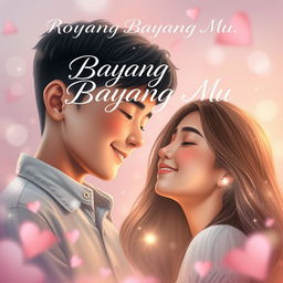 An emotional portrait book cover for 'Bayang Bayang Mu', showcasing a boy and a girl deeply in love