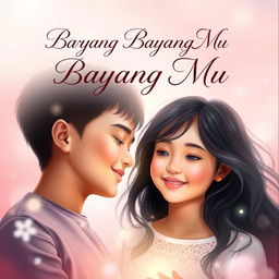 An emotional portrait book cover for 'Bayang Bayang Mu', showcasing a boy and a girl deeply in love