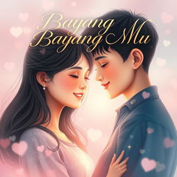 An emotional portrait book cover for 'Bayang Bayang Mu', showcasing a boy and a girl deeply in love
