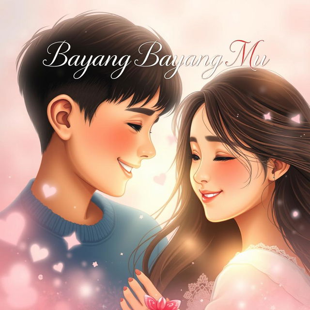 An emotional portrait book cover for 'Bayang Bayang Mu', showcasing a boy and a girl deeply in love