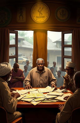 A dramatic stage scene set in an African village council hall, illustrating Mzee Taharuki, an older man with a wise yet weary expression, standing at a table cluttered with papers and maps