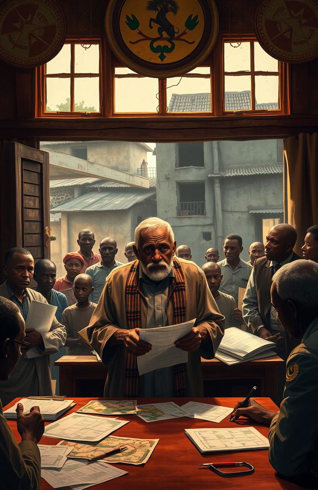 A dramatic stage scene set in an African village council hall, illustrating Mzee Taharuki, an older man with a wise yet weary expression, standing at a table cluttered with papers and maps