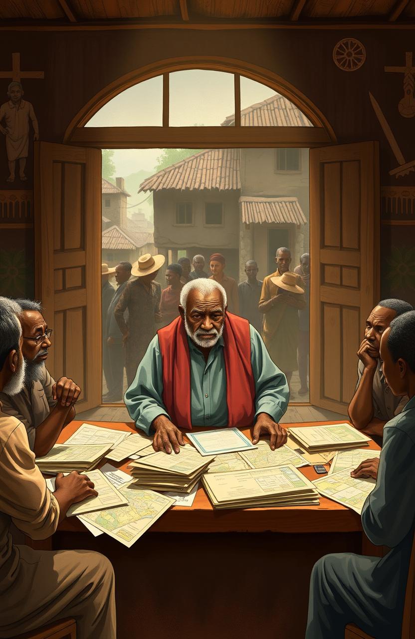 A dramatic stage scene set in an African village council hall, illustrating Mzee Taharuki, an older man with a wise yet weary expression, standing at a table cluttered with papers and maps