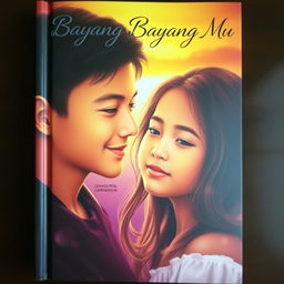 An emotionally evocative portrait book cover for 'Bayang Bayang Mu', capturing a boy and a girl in a moment of deep love