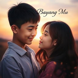 An emotionally evocative portrait book cover for 'Bayang Bayang Mu', capturing a boy and a girl in a moment of deep love