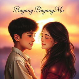 An emotionally evocative portrait book cover for 'Bayang Bayang Mu', capturing a boy and a girl in a moment of deep love