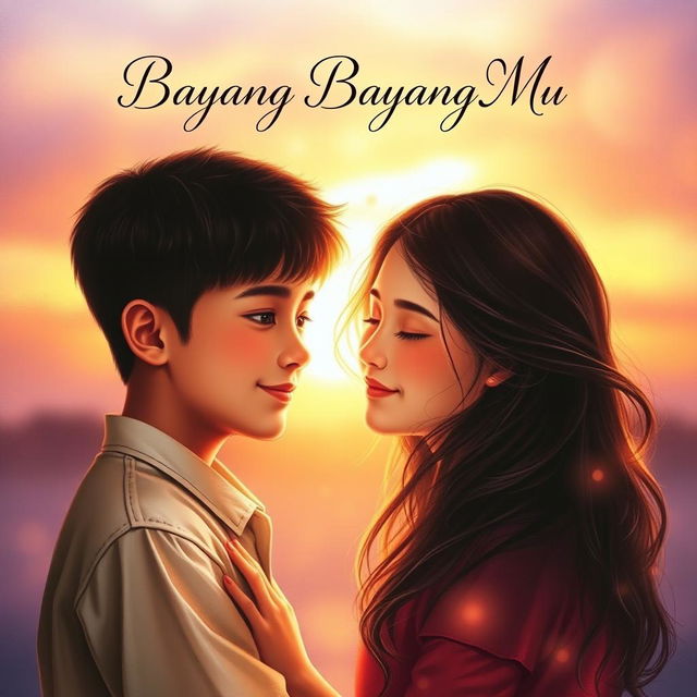 An emotionally evocative portrait book cover for 'Bayang Bayang Mu', capturing a boy and a girl in a moment of deep love