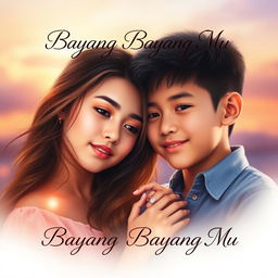 An emotionally evocative portrait book cover for 'Bayang Bayang Mu', capturing a boy and a girl in a moment of deep love