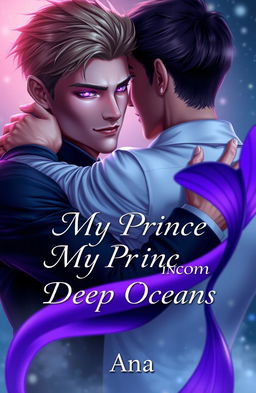 A romantic scene depicting two handsome men embracing each other affectionately, one of whom has striking purple eyes that shine with a supernatural glow