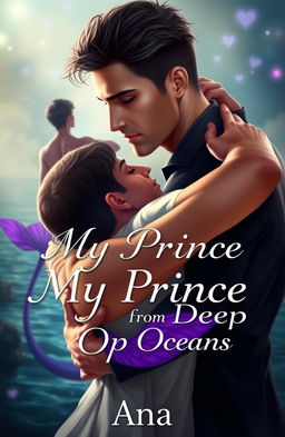 A romantic scene depicting two handsome men embracing each other affectionately, one of whom has striking purple eyes that shine with a supernatural glow