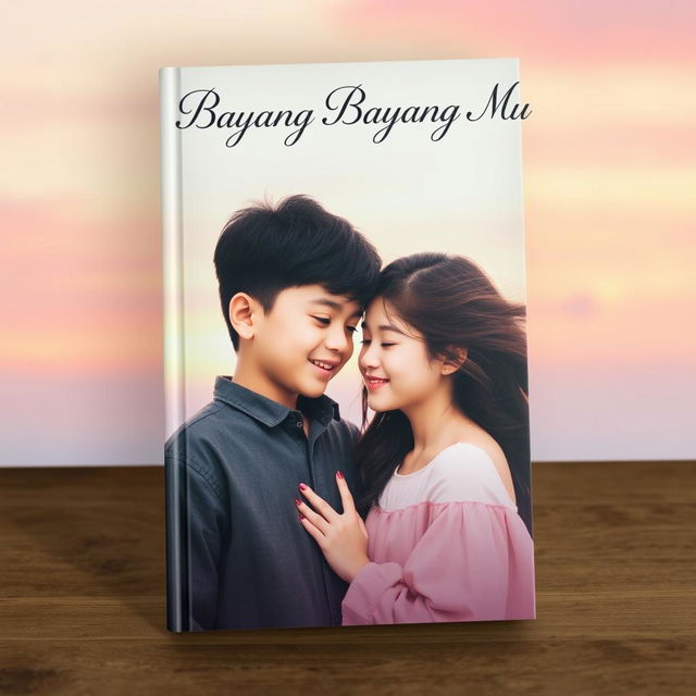 A poignant portrait book cover for 'Bayang Bayang Mu', depicting a boy and a girl in a tender moment of love