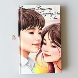 A poignant portrait book cover for 'Bayang Bayang Mu', depicting a boy and a girl in a tender moment of love