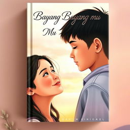 A poignant portrait book cover for 'Bayang Bayang Mu', depicting a boy and a girl in a tender moment of love