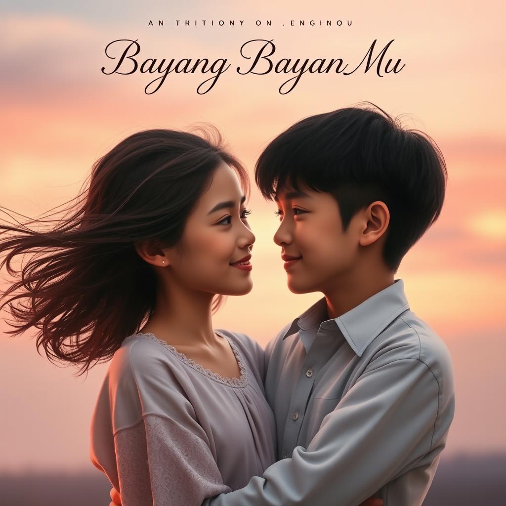 A poignant portrait book cover for 'Bayang Bayang Mu', depicting a boy and a girl in a tender moment of love