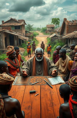 A dramatic scene set in an African village, showcasing Mzee Taharuki, an older African man with a stern expression, dressed in traditional attire, seated at a large council table