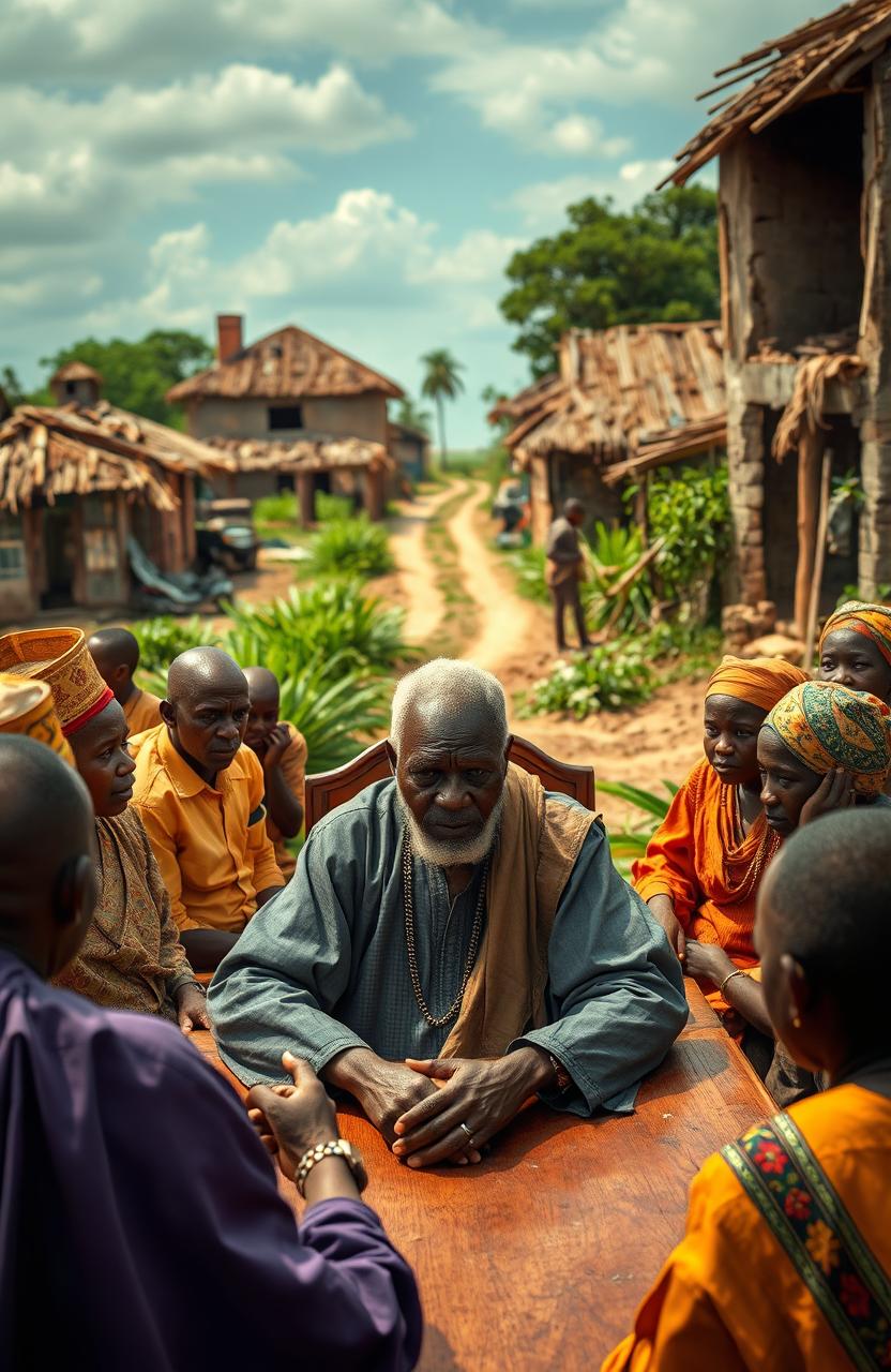 A dramatic scene set in an African village, showcasing Mzee Taharuki, an older African man with a stern expression, dressed in traditional attire, seated at a large council table