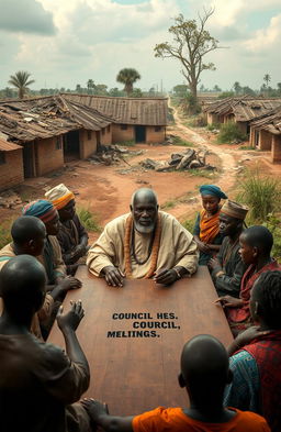 A dramatic scene set in an African village, showcasing Mzee Taharuki, an older African man with a stern expression, dressed in traditional attire, seated at a large council table