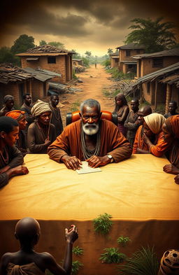 A dramatic scene set in an African village, showcasing Mzee Taharuki, an older African man with a stern expression, dressed in traditional attire, seated at a large council table