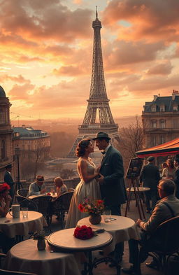 A romantic, artistic scene set in late 1930s to early 1940s France, depicting a passionate love story amidst the backdrop of war