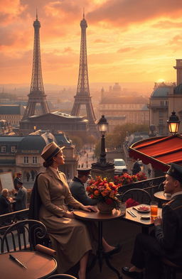 A romantic, artistic scene set in late 1930s to early 1940s France, depicting a passionate love story amidst the backdrop of war