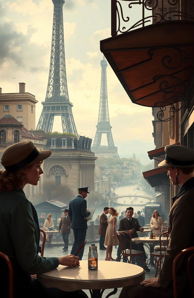 A romantic, artistic scene set in late 1930s to early 1940s France, depicting a passionate love story amidst the backdrop of war