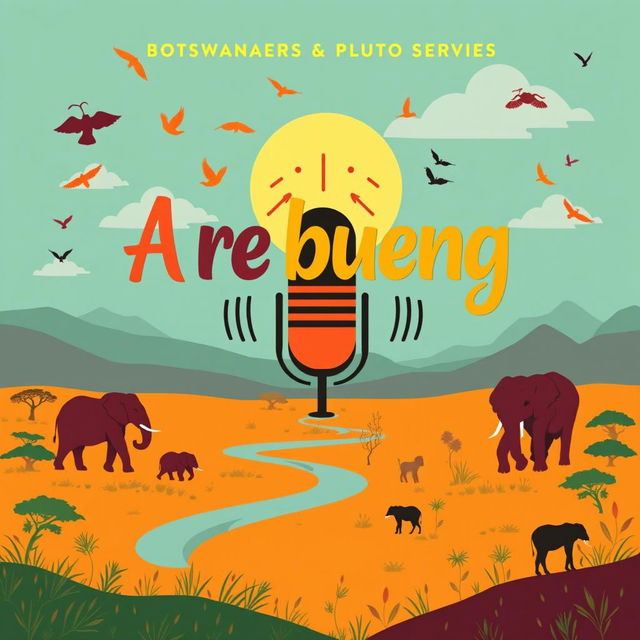 A vibrant and eye-catching cover page design for a pitch deck titled "A re bueng", which is a radio/audio drama series set in Botswana, Africa