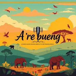 A vibrant and eye-catching cover page design for a pitch deck titled "A re bueng", which is a radio/audio drama series set in Botswana, Africa