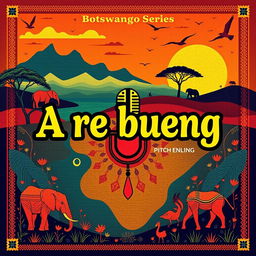 A vibrant and eye-catching cover page design for a pitch deck titled "A re bueng", which is a radio/audio drama series set in Botswana, Africa