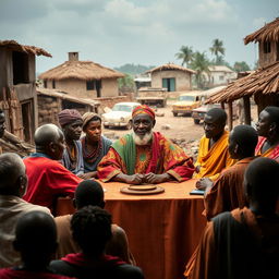 A compelling scene from a play set in an African village, focusing on Mzee Taharuki, a wise yet misguided older African man, dressed in vibrant traditional attire, seated confidently at the head of a council table surrounded by fellow council members