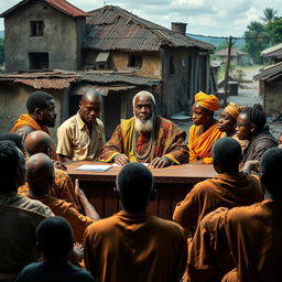 A compelling scene from a play set in an African village, focusing on Mzee Taharuki, a wise yet misguided older African man, dressed in vibrant traditional attire, seated confidently at the head of a council table surrounded by fellow council members