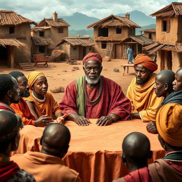 A compelling scene from a play set in an African village, focusing on Mzee Taharuki, a wise yet misguided older African man, dressed in vibrant traditional attire, seated confidently at the head of a council table surrounded by fellow council members