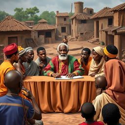 A compelling scene from a play set in an African village, focusing on Mzee Taharuki, a wise yet misguided older African man, dressed in vibrant traditional attire, seated confidently at the head of a council table surrounded by fellow council members