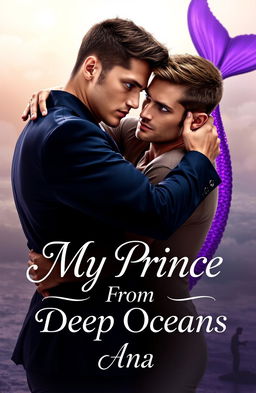 A romantic scene depicting two handsome, fair-skinned men hugging each other tenderly, one of whom has striking purple eyes that radiate a supernatural glow