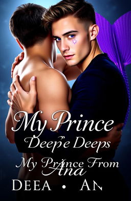A romantic scene depicting two handsome, fair-skinned men hugging each other tenderly, one of whom has striking purple eyes that radiate a supernatural glow