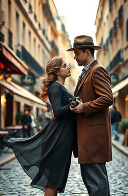 A romantic scene set in France during the 1930s, capturing the essence of love amidst the backdrop of war