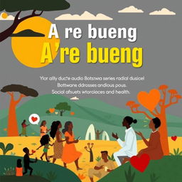 A compelling cover page design for a pitch deck titled "A re bueng", a radio/audio drama series set in Botswana that addresses various social issues and matters
