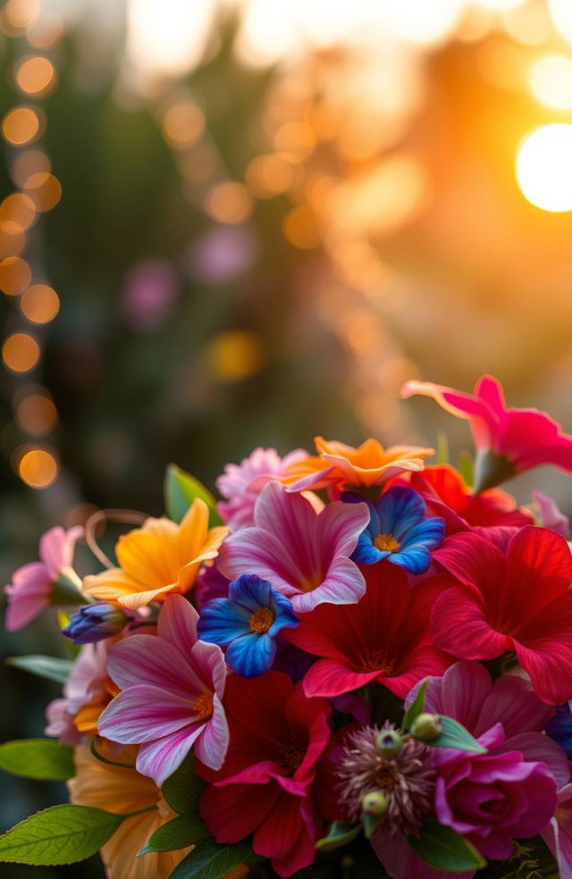 A romantic scene featuring a beautiful bouquet of vibrant, colorful flowers symbolizing love, arranged artfully with delicate petals and lush green leaves