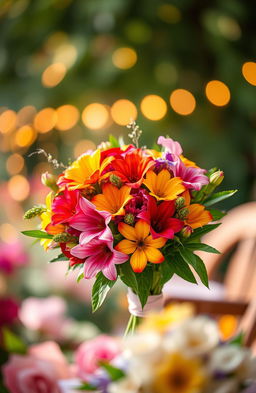 A romantic scene featuring a beautiful bouquet of vibrant, colorful flowers symbolizing love, arranged artfully with delicate petals and lush green leaves