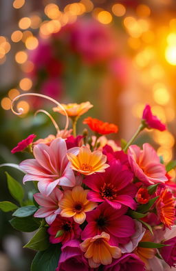 A romantic scene featuring a beautiful bouquet of vibrant, colorful flowers symbolizing love, arranged artfully with delicate petals and lush green leaves