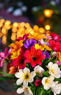A romantic scene featuring a beautiful bouquet of vibrant, colorful flowers symbolizing love, arranged artfully with delicate petals and lush green leaves