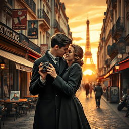 An evocative book cover design depicting romance, photography, and war set in France during the 1930s