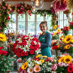 A romantic scene depicting a charming florist shop filled with an abundance of vibrant flowers