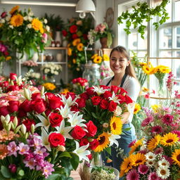 A romantic scene depicting a charming florist shop filled with an abundance of vibrant flowers